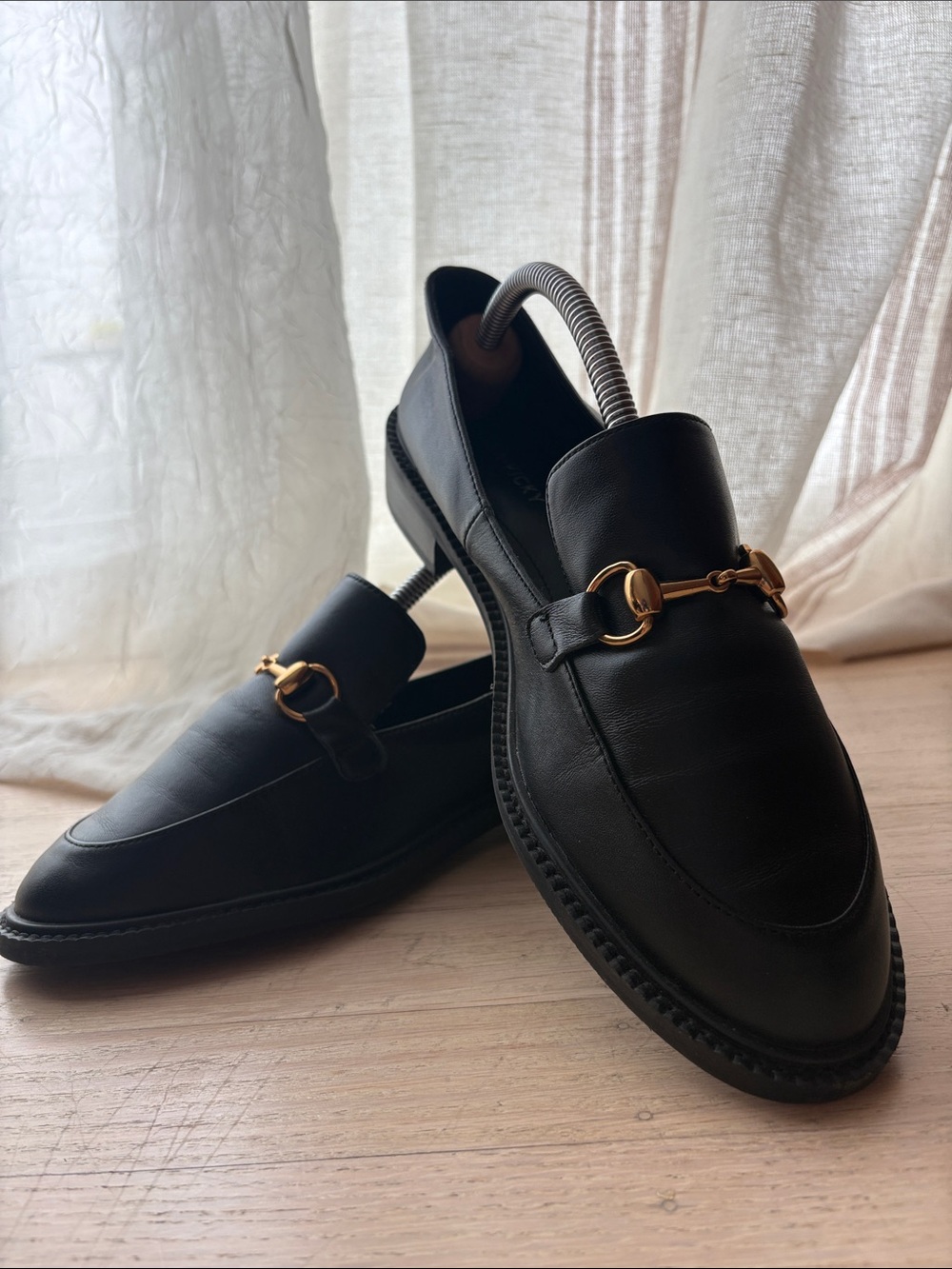 Women's Black Leather Loafers with Gold Horsebit Accent